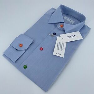 Eton Dress Shirt Mens M 15 1/2 - 39 Contemporary Blue Twill Multi Color Buttons